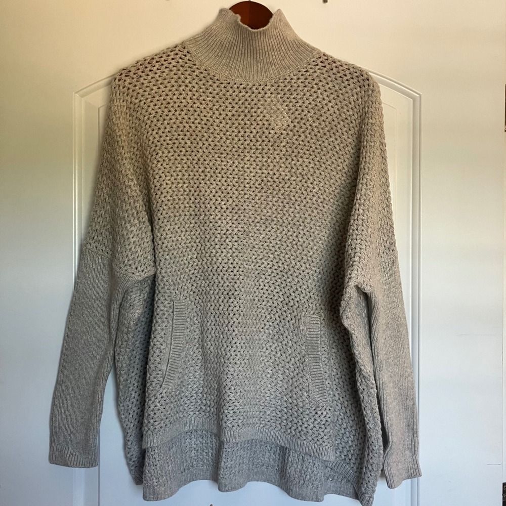 Ann Taylor LOFT Gray Open Knit Mock Neck Sweater Kangaroo Pocket High Low Hem L